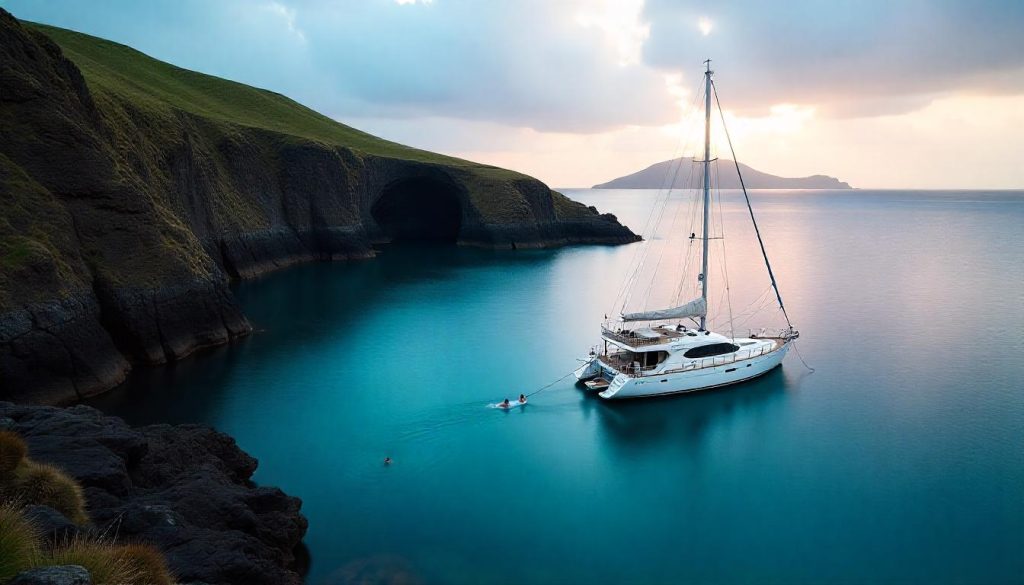 Yacht la Ilhéu de Vila Franca în timpul ancoraje yachting Portugalia, cu o familie de înot și pereții craterului în fundal.